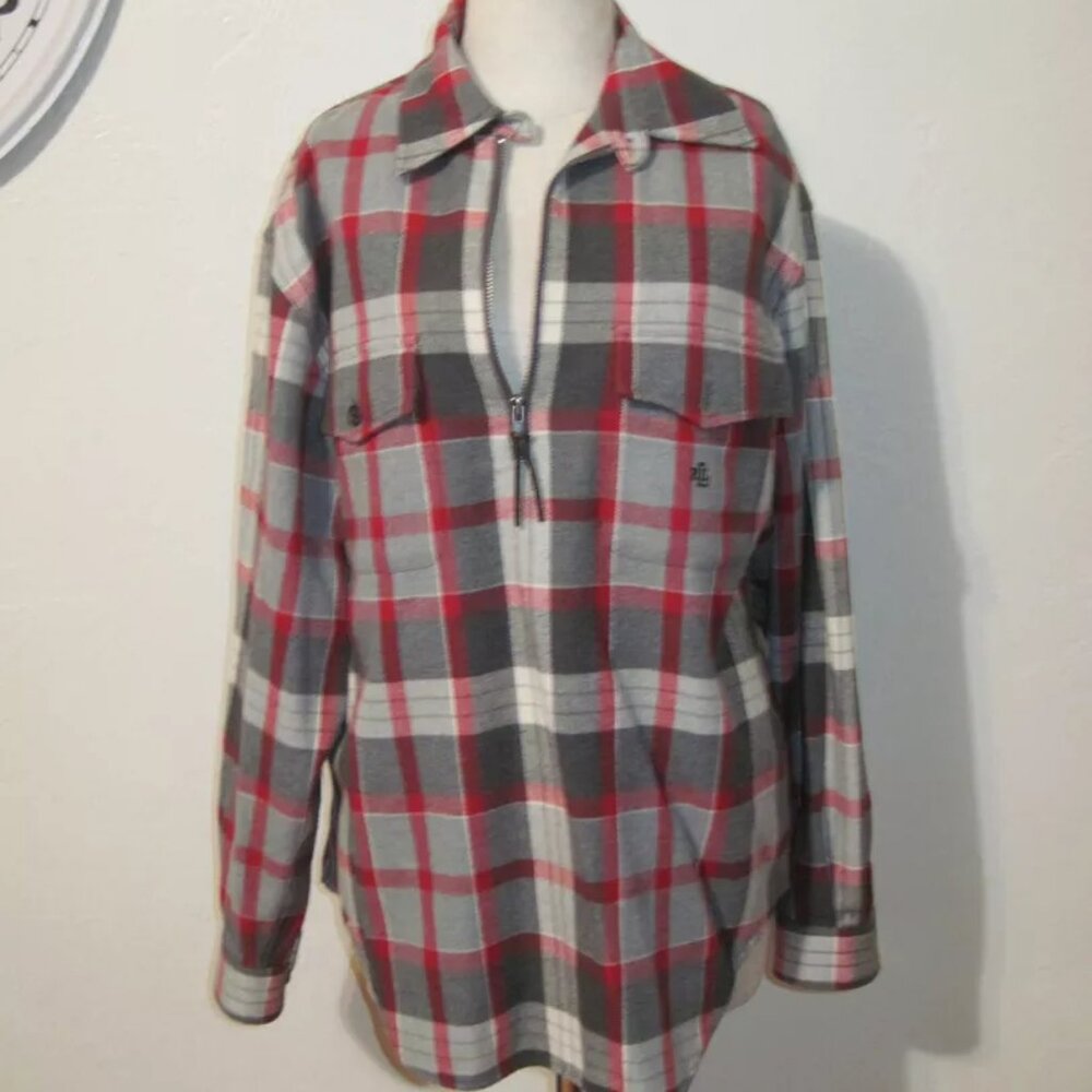 Lauren Ralph Lauren Plaid Flannel Shirt Pullover Red Gry Size Medium